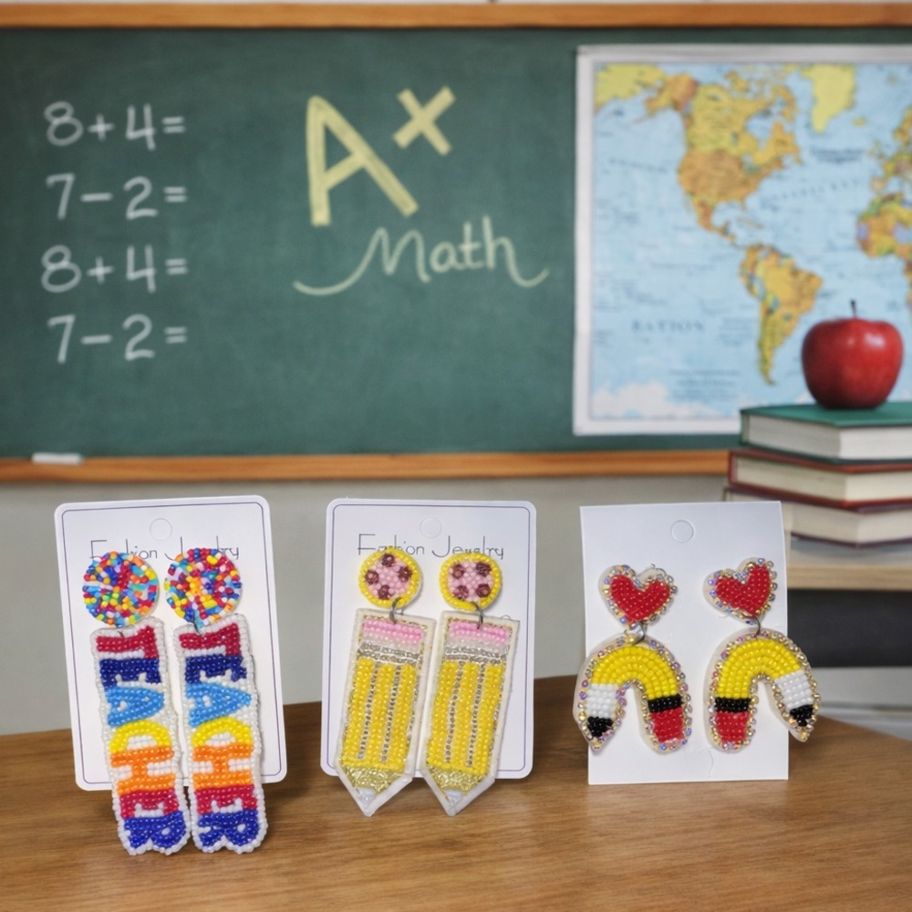 Colorful Beaded Teacher Themed Earrings 🍎✏️